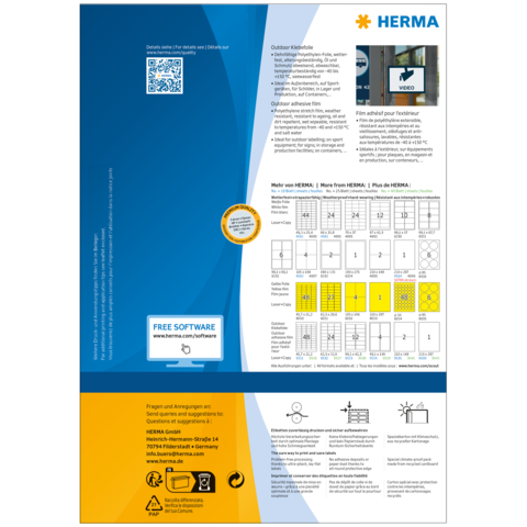 Anleitung für HERMA Produkte mit QR-Code, Informationen zu Software und Anwendungshinweisen. Grafiken und Tabellen zur Produktverwendung sind ebenfalls enthalten.