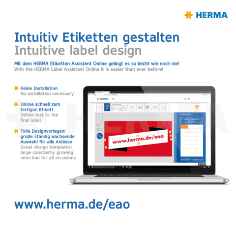 Intuitives Design für Etiketten mit dem HERMA Etiketten Assistenten Online. Keine Installation erforderlich, einfache Online-Nutzung und große Auswahl an Vorlagen.